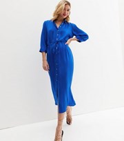New Look Blue Satin Drawstring Midi Shirt Dress